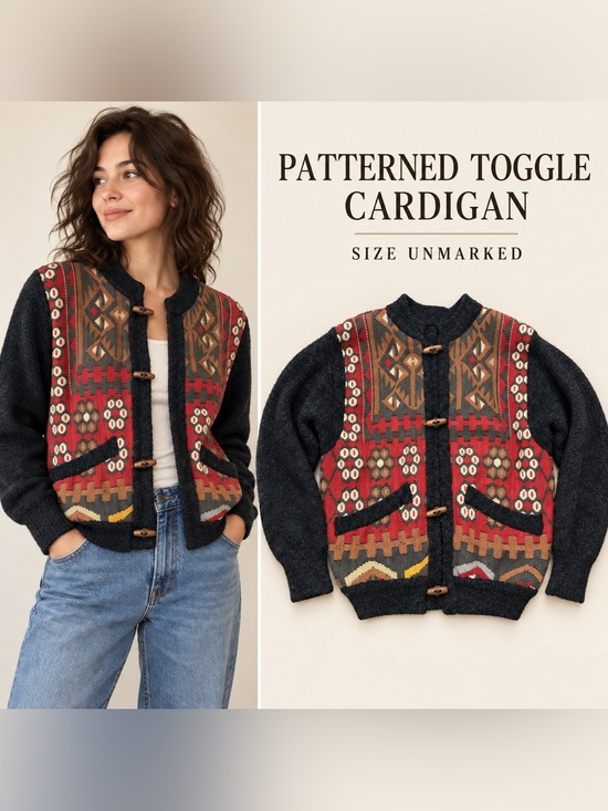 Sweaters - Patterned Toggle Cardigan Sweater - Black with Red & Brown Accents
